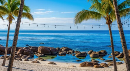 Wall Mural - Tropical Beach Paradise: Palm Trees, Blue Ocean, Rocks, and String Lights on a Sunny Day