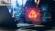 © ภาคภูมิ ปัจจังคะตา - Cybersecurity system warning alert on laptop with AI and data icons, concept of artificial intelligence risks, data breach, malware attack, digital security, and technology protection.