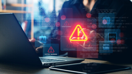 cybersecurity system warning alert on laptop with ai and data icons, concept of artificial intellige