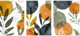 Abstract botanical composition with olive leaves and orange circles on white background, grunge texture effect creates modern minimalist art style. Seamless pattern tiles.