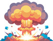 © Rifqi - Cartoon illustration of a large, colorful explosion with a mushroom cloud shape and debris scattered around.