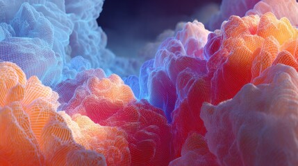 Wall Mural - Colorful abstract 3D illustration of vibrant cloud formations with intricate mesh details, creating a surreal atmosphere and visual depth, perfect for digital backgrounds and creative projects
