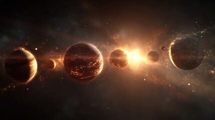 Wall Mural - Stunning cosmic scene featuring multiple planets orbiting in a vast galaxy, illuminated by radiant starlight, showcasing the beauty of the universe and celestial wonders