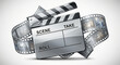 © najih - Film clapperboard with film reel background, symbolizing movie production and creativity