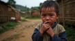 © NN AI - Sad child with scratched cheek in poor village lane, hardship and aid message. Works for NGO campaigns, education, charity appeals, social reports