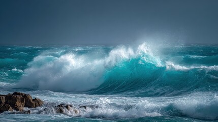  Dramatic Ocean Wave Crashing with Force Against the Shore Under a Dark Sky, Representing Power