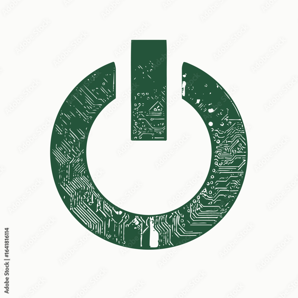 Computer Power Button Texture Green power button with circuit board texture on white background ...