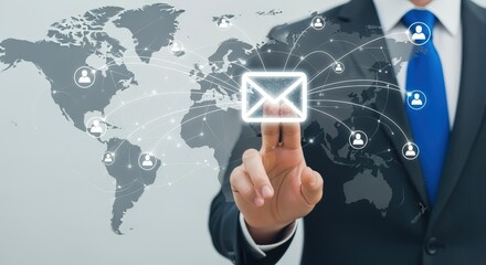 Global communication technology with a businessman touching a digital email icon on a world map background