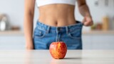 A person demonstrates their weight loss achievement while wearing oversized jeans and placing an apple on a wooden table