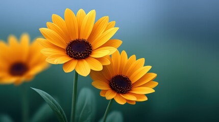 Wall Mural - two yellow flowers are in a field of green grass