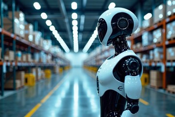 Futuristic Robot in High-Tech Warehouse: A Glimpse into Smart Warehouse Automation Technology