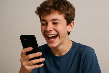 Young man enjoying social media on his smartphone, laughing and having fun while scrolling through apps and connecting online