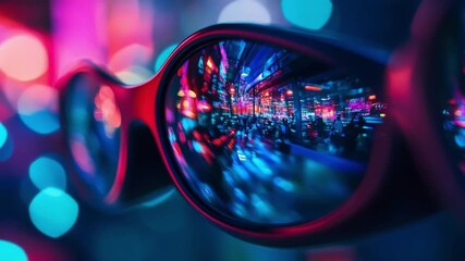 Wall Mural - This video features stylish sunglasses showcasing vibrant reflections of a cityscape. Perfect for tech enthusiasts and fashion lovers. A stunning visual experience. Generative AI