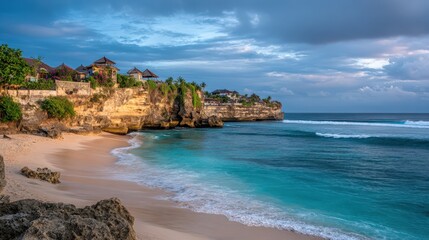 Wall Mural - Picturesque Bali Beach with Dramatic Cliffs, Turquoise Water, and a Serene Sky at Dusk