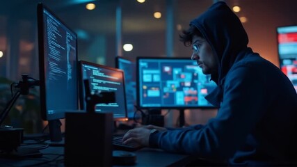 Focused coder works intently at night, illuminated by multiple monitor displays