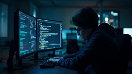 Coding at Night: Focused Developer Working on Dual Monitors in Dark Workspace