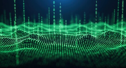 Wall Mural - Green binary code forms a wavy abstract grid. Digital data flow background for technology and computer science concepts.