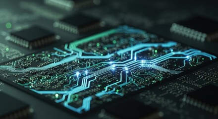 Wall Mural - Close up of a circuit board with glowing blue and green lines representing data flow. Digital technology and innovation.