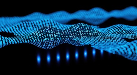 Wall Mural - Abstract wavy grid of glowing blue binary code, representing big data flow visualization and technological communication