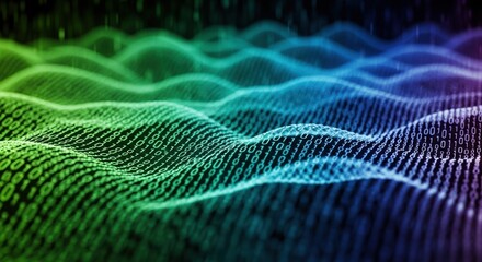Blue and green digital abstract binary code wave. Data stream big data and high-speed information transfer concept.