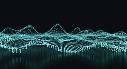 Blue glowing binary code on a dark background showing data flow. Digital wave information for abstract technology concept.