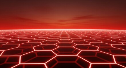 Wall Mural - Red glowing hexagonal grid extending to horizon. Abstract digital technology surface for data visualization and communication concept.