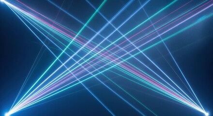 Wall Mural - Colorful laser light beams crisscrossing in a dark, hazy environment for futuristic and abstract background.