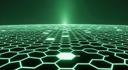 Wall Mural - Illuminating green hexagonal grid pattern showing big data or neural network, digital information stream, futuristic technology.
