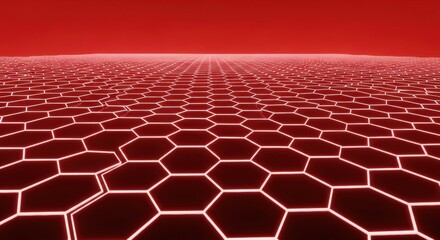Wall Mural - Abstract red glowing honeycomb grid pattern receding into distance. Digital data and technology concept for cybersecurity background.