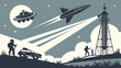 © TShirt Empire - Retro science fiction adventure with UFO, rocket, lighthouse, explorers, and car under starry night sky.