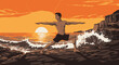 © Kanaf - Digital vector art of a man in a yoga warrior pose by the sea, capturing a tranquil moment at sundown.