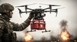 © Dmitry - Male soldier holding a drone with first aid box for medical supply delivery. Modern military technology and war medicine concept.