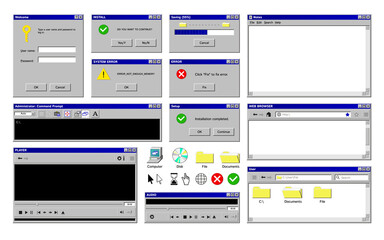 old program windows set with isolated images of retro computer app interface with colorful icons but