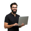 © MstShilpi12 - Smiling bearded man wearing glasses and a black polo shirt holding and typing on a silver laptop computer isolated on transparent background