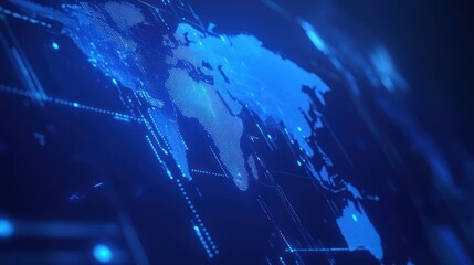 Global network connections, data flow, digital world map