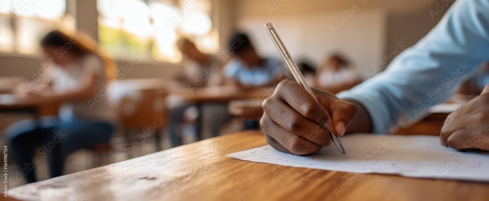 Focused Student Writing The student writing on paper in a focused classroom environment. Stock ...