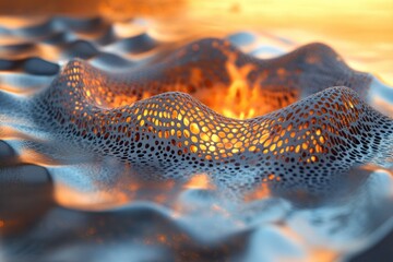 Wall Mural - abstract digital art depicting a porous, undulating surface glowing with inner fire.