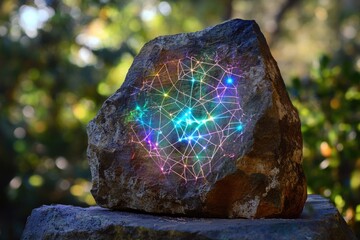 Wall Mural - a dark rock with vibrant, multicolored light patterns resembling a network or constellation inside, 