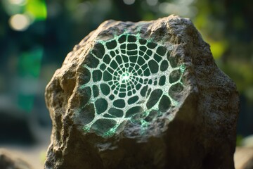 Wall Mural - a rock with a glowing, intricate web-like pattern etched into its surface, set against a blurred nat
