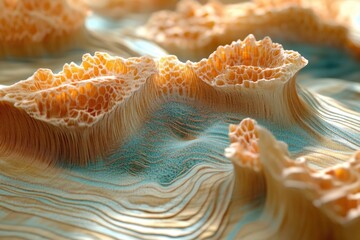 Wall Mural - abstract 3d render of a porous, textured landscape with soft, peach and teal tones resembling coral 