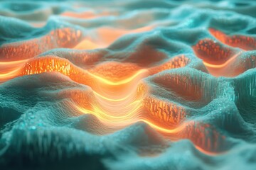 Wall Mural - abstract 3d rendering of a teal and orange landscape with undulating waves and glowing lines.