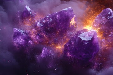 Wall Mural - glowing purple amethyst crystals erupt in a fiery, smoky nebula, a cosmic gemstone spectacle.