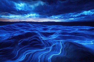 Wall Mural - abstract landscape of glowing blue waves under a dramatic, dark blue sky.