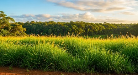 Wall Mural - Lush Green Grass Field with Forest Background Under a Bright Blue Sky at Sunset