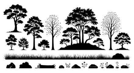 Set of tree silhouettes isolated on transparent background