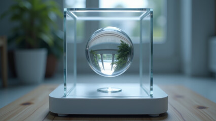 Crystal clear glass sphere in transparent display case on clean surface