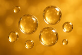 Reflective glass spheres floating in golden light with bokeh background, 3D abstract composition
