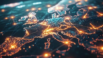 Wall Mural - A futuristic digital map of Europe, where cities are highlighted by a glow of connectivity and technology. An artistic representation  the interconnectedness of modern society.