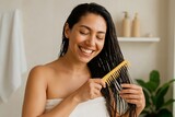 Smiling woman in towel combing wet hair with a wide-tooth comb in a bright bathroom.