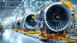 © ShahinAlam - A 4K photo of aircraft engines being assembled on production line in state-of-the-art aerospace factory.